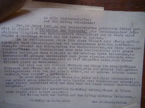 Nachbarlade Birthälm – Nachricht des Birthälmer Presbyteriums an die Nachbarschaften 1981